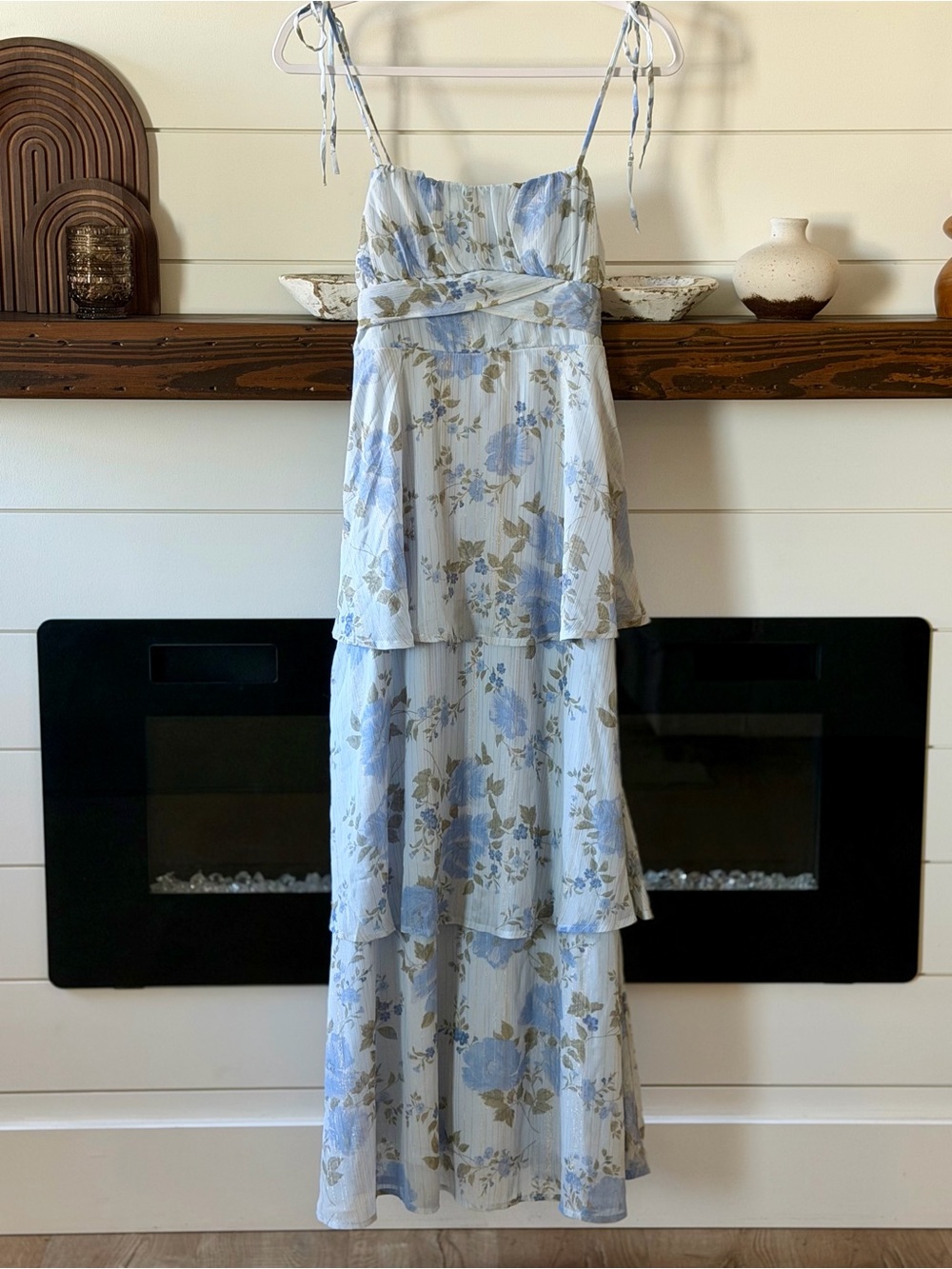 Altar'd State Blue Floral Tiered Maxi Dress with Tie Straps